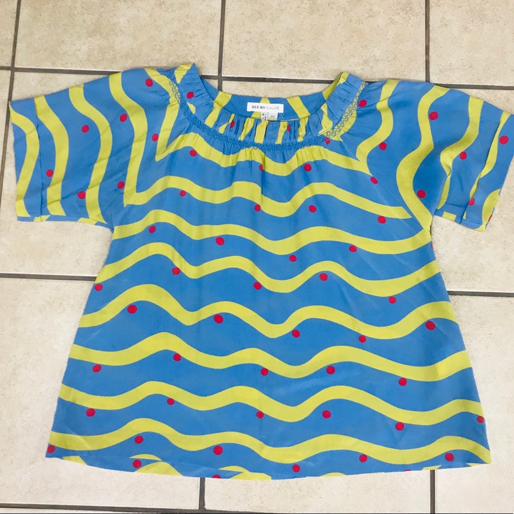 See by Chloé 100% Silk Blouse Blue Yellow Wave Red Polka Dot Smocked Top Sz 4